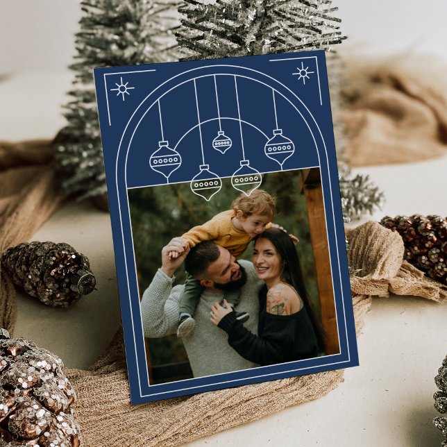 Christmas Art Deco Line Art Blue Photo Holiday Invitation (Creator Uploaded)
