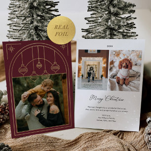 Christmas Art Deco Line Art Burgundy Photo Gold Foil Holiday Card