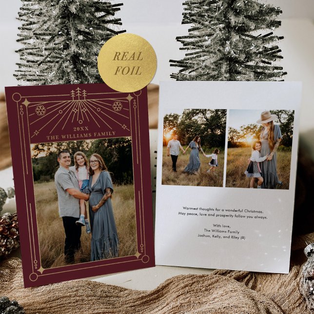 Christmas Art Deco Line Art Burgundy Photo Gold Foil Holiday Card (Creator Uploaded)