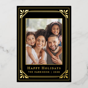 Christmas Art Deco Photo Black Gold Foil Holiday Card
