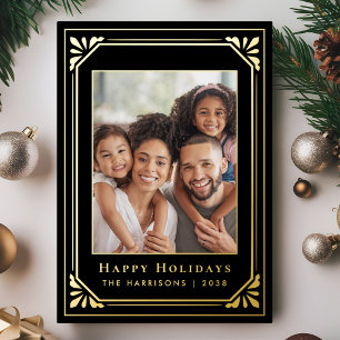 Christmas Art Deco Photo Black Gold Foil Holiday Card