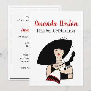 Christmas Art Deco Woman Wearing Hat Gloves Colour Invitation