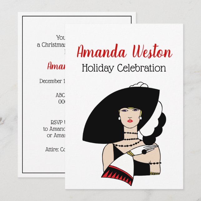 Christmas Art Deco Woman Wearing Hat Gloves Colour Invitation (Front/Back)
