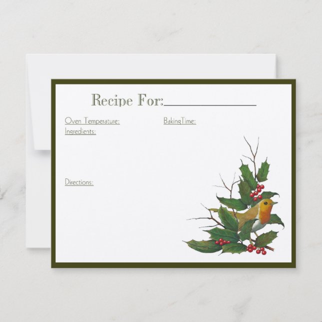 Christmas Art Recipe Card: English Robin, Holly Invitation (Front)