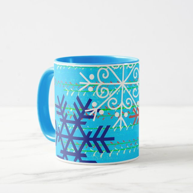 Christmas Art Winter Mug Cup in Aqua Blue Snow (Front Left)