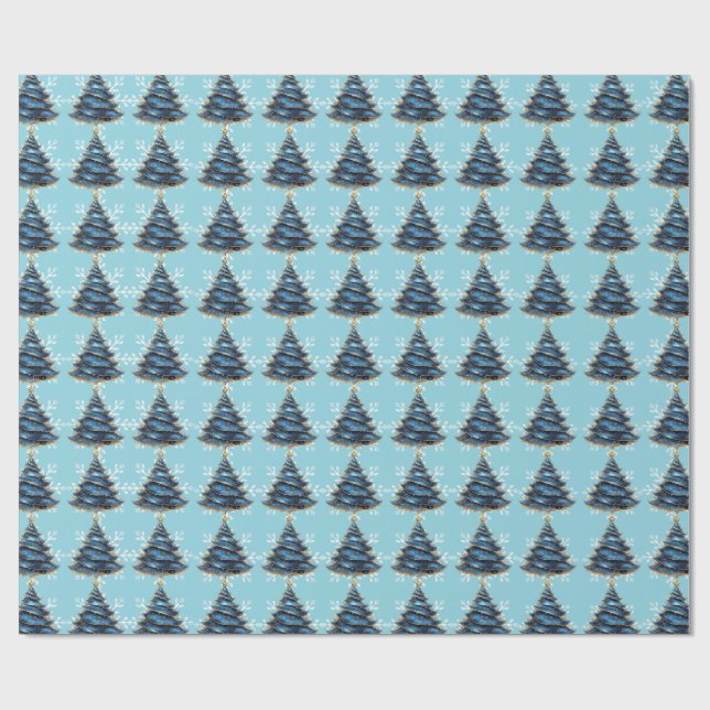 Christmas Artistic Blue Gold Tree Snowflakes Wrapping Paper (Flat)