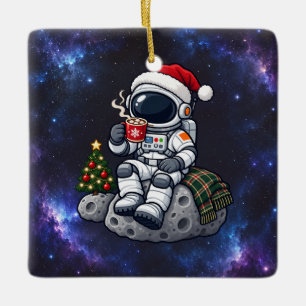 Christmas Astronaut Enjoying Lunar Cocoa Ceramic Ornament