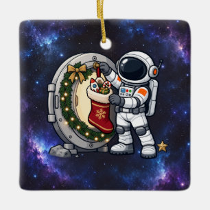 Christmas Astronaut Hanging a Lunar Stocking Ceramic Ornament