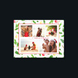 Christmas At The Beach 5 Photo Collage Modern Canvas Print<br><div class="desc">Christmas At The Beach 5 Photo Collage Modern Canvas Print features a photo collage of five of your favourite photos with your custom text in the centre in elegant red calligraphy script on a white background surrounded by a festive Christmas pattern of greenery and Christmas bauble decorations. Personalise by editing...</div>