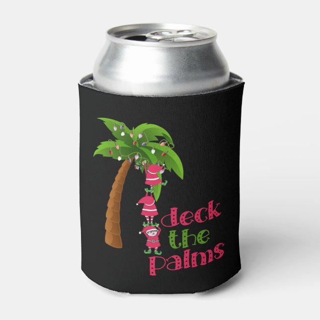 CHRISTMAS AT THE BEACH graphic SANTAS ELVES PALM Can Cooler (Can Front)