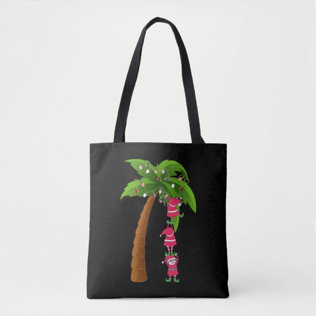CHRISTMAS AT THE BEACH print SANTAS ELVES PALM Tote Bag (Front)