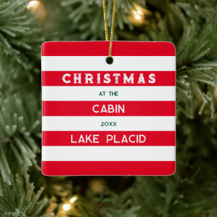 Christmas At The Cabin Red Nautical Stripe Lake Ceramic Ornament