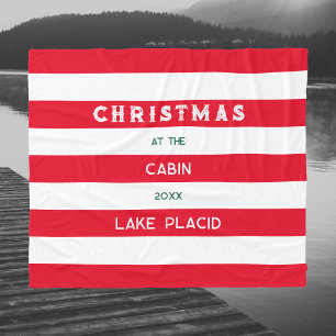 Christmas At The Cabin Red Nautical Stripe Lake Fleece Blanket