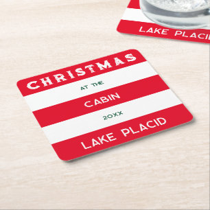 Christmas At The Cabin Red Nautical Stripe Lake Square Paper Coaster