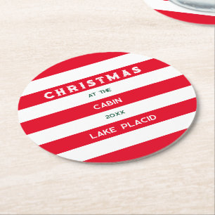 Christmas At The Cabin Red Nautical Stripe Round Paper Coaster