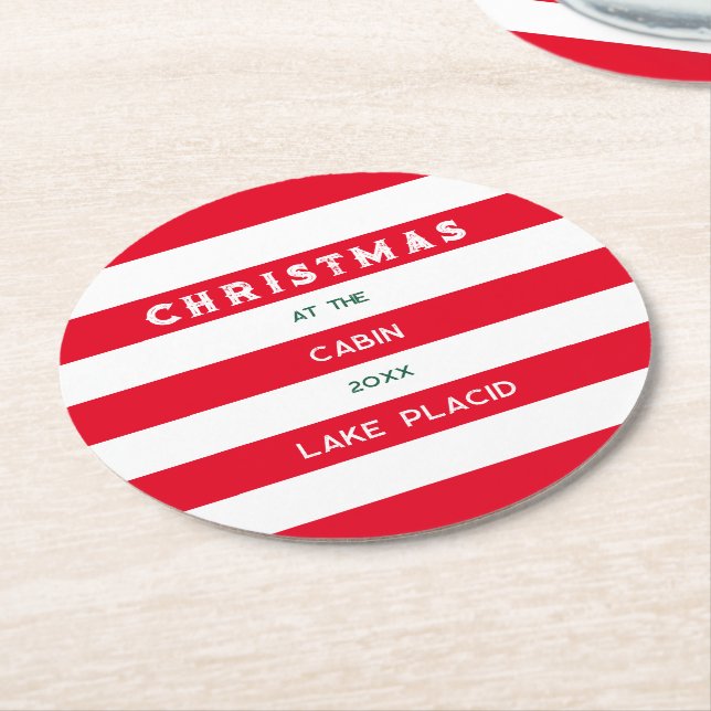Christmas At The Cabin Red Nautical Stripe Round Round Paper Coaster (Angled)