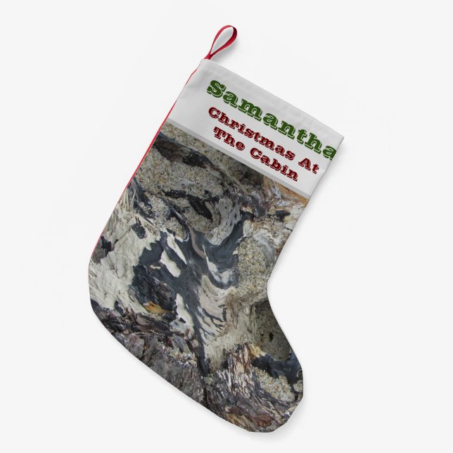 Christmas At The Cabin Woodgrain Forest Rustic Small Christmas Stocking (Front (Hanging))