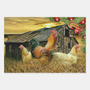 Christmas At The Chicken Coop Rooster Hens Wrapping Paper Sheet
