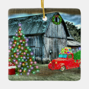 Christmas At The Farm Rustic Barn Ceramic Ornament