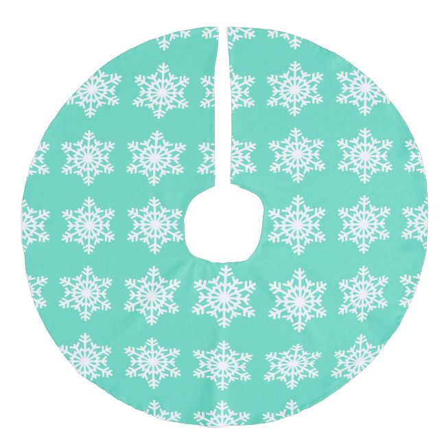 Christmas at Tiffanys Aqua Blue Snowflakes Faux Linen Tree Skirt (Front)