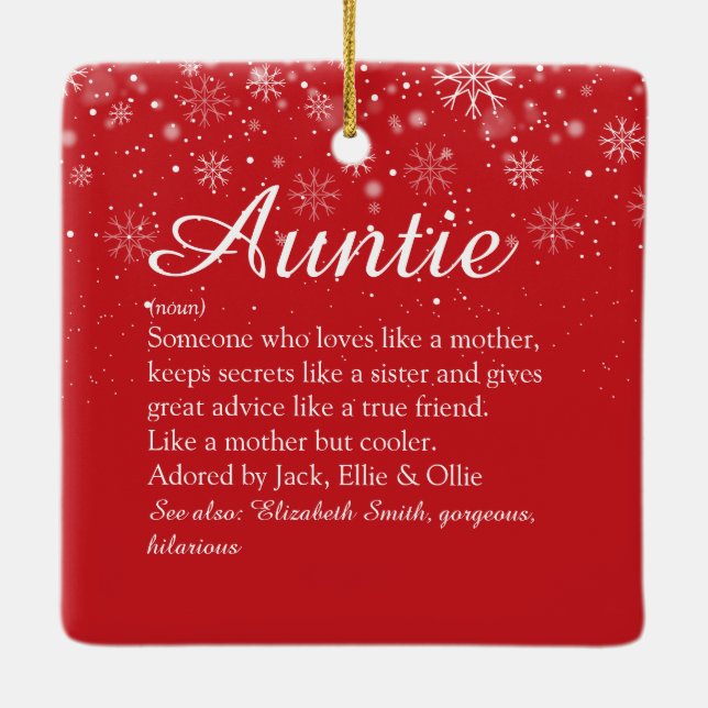 Christmas Aunt, Auntie Definition Script Holidays Ceramic Ornament (Back)