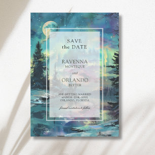 Christmas Aurora Moonlit Lake Forest Wedding Save The Date
