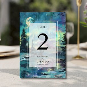 Christmas Aurora Moonlit Lake Forest Wedding Table Number