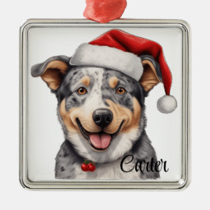CHRISTMAS AUSTRALIAN CATTLE DOG WITH SANTA HAT METAL TREE DECORATION