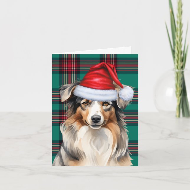 Christmas Australian Shepherd and Red Plaid Holiday Card (Front)