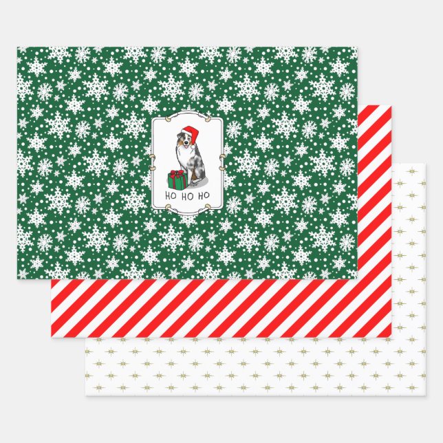 Christmas Australian Shepherd (blue merle tan/w 1) Wrapping Paper Sheet (Set)