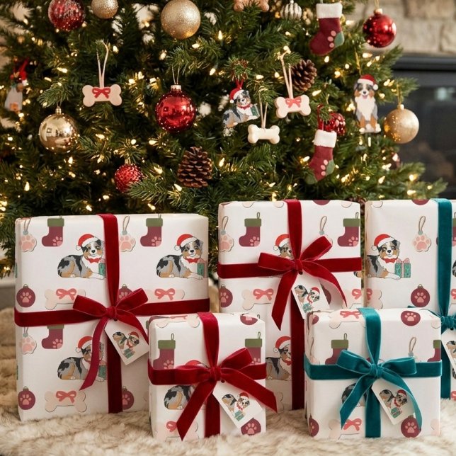 Christmas Australian Shepherd Santa Hat Pattern Wrapping Paper (christmas aussie shep wrapping paper)