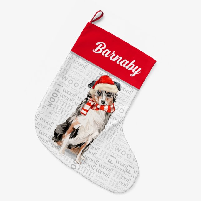 Christmas Australian Shepherd with Dog's Name Large Christmas Stocking (Front (Hanging))