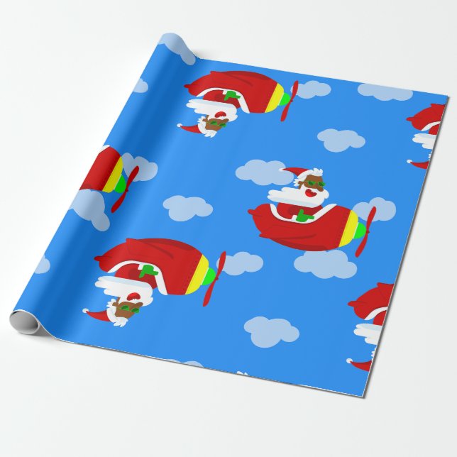 christmas aviator aeroplane pilot black santa clou wrapping paper (Unrolled)