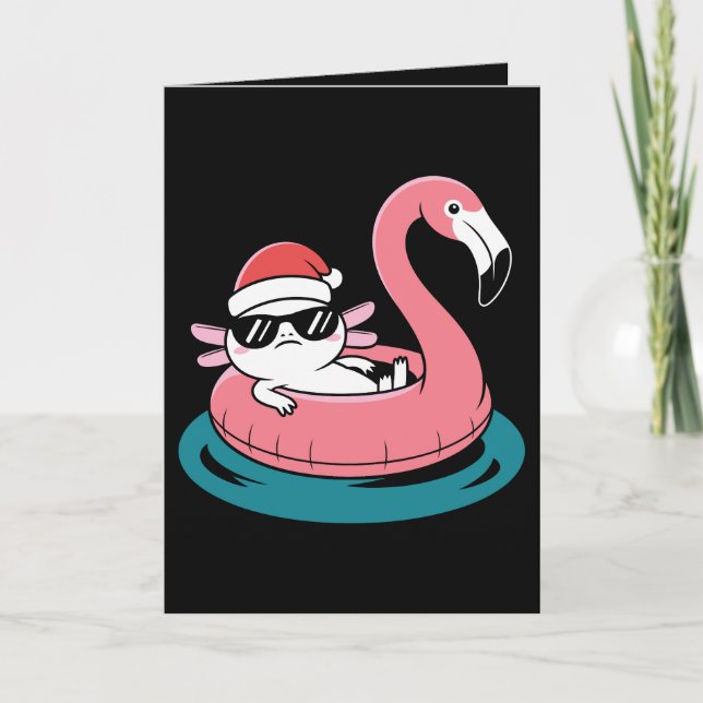 Christmas Axolotl Santa Hat Flamingo Pool Float Card (Front)