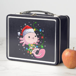 Christmas Axolotl Santa Hat Lights Japanese Cute Metal Lunch Box