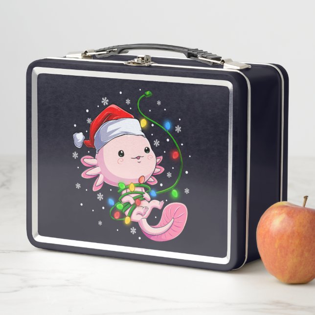 Christmas Axolotl Santa Hat Lights Japanese Cute Metal Lunch Box (In Situ)