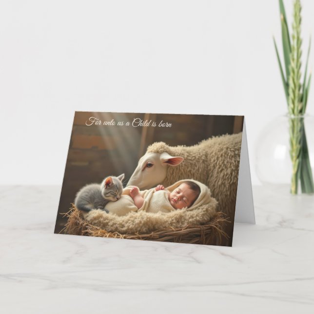 Christmas Baby and Kitten In a Manger Holiday Card (Front)