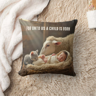 Christmas Baby and Kitten Sleeping In a Manger Cushion