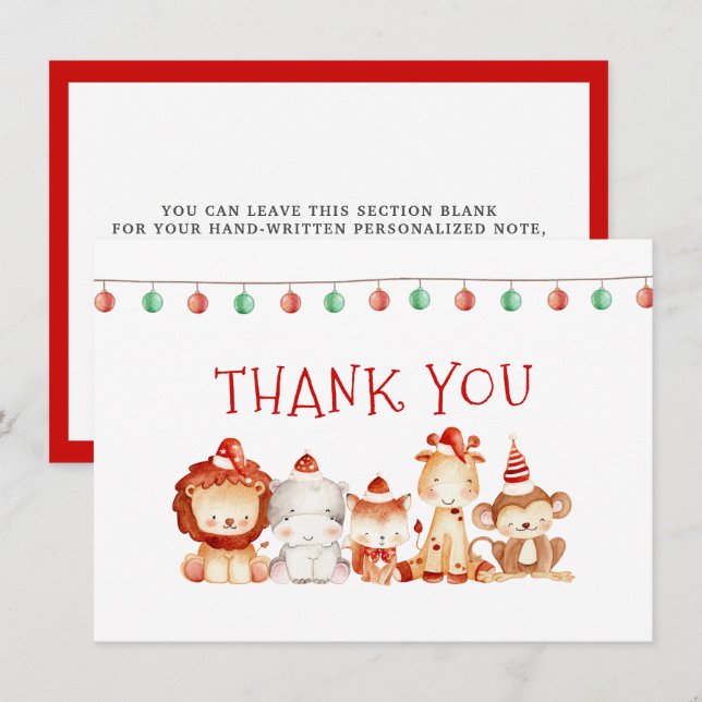 Christmas Baby Animals in Red Party Hats Thank You Card (Front/Back)