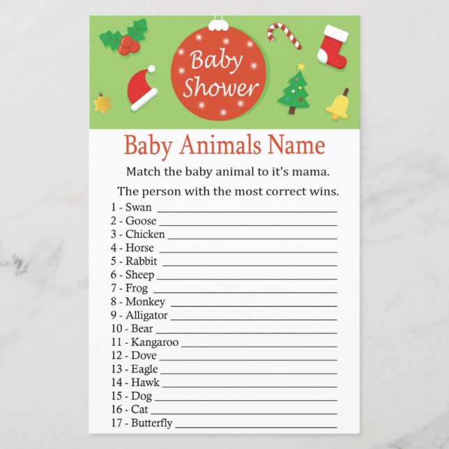 Christmas Baby Animals Name Game baby shower (Front)