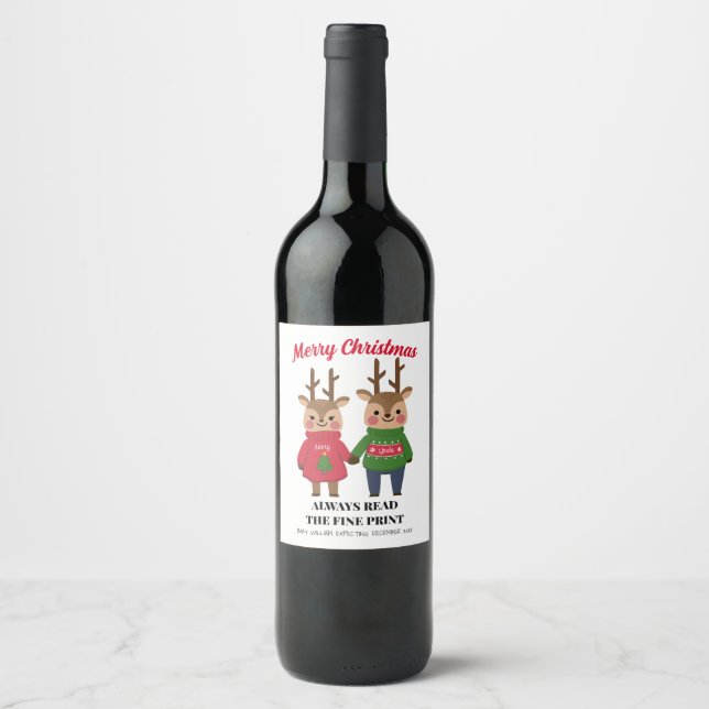 Christmas Baby Announcement Aunty Uncle Fine Print Wine Label (Front)