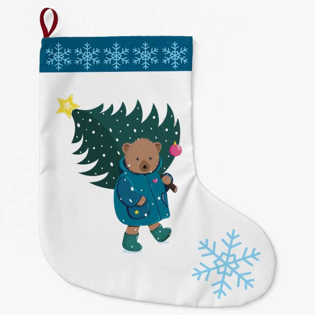 Christmas Baby Bear Christmas Tree Snowflakes.  Large Christmas Stocking (Front)