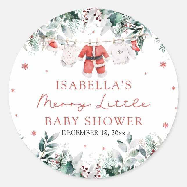 Christmas Baby Clothes Merry Little Baby Shower Classic Round Sticker (Front)