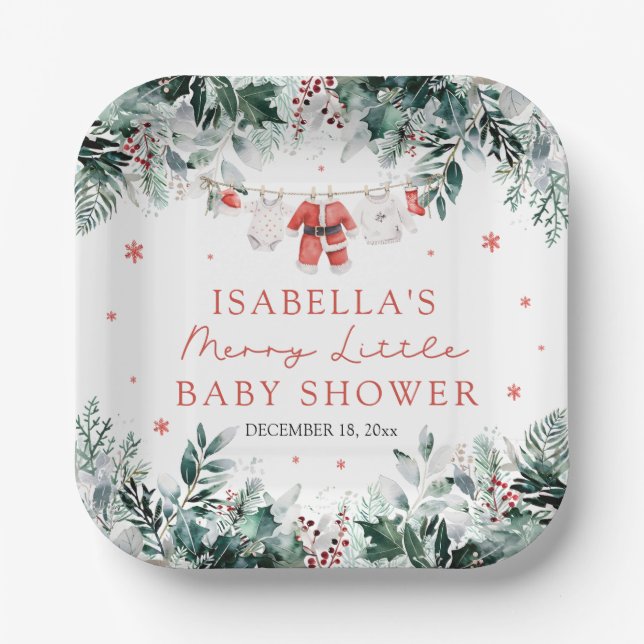 Christmas Baby Clothes Merry Little Baby Shower Paper Plate (Front)