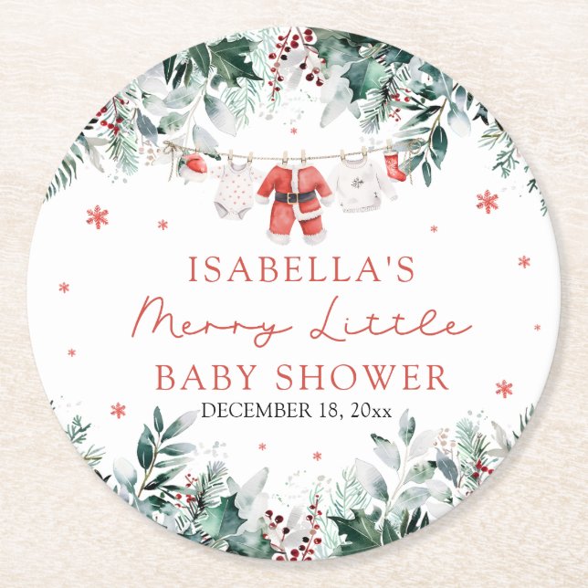 Christmas Baby Clothes Merry Little Baby Shower Round Paper Coaster (Front)