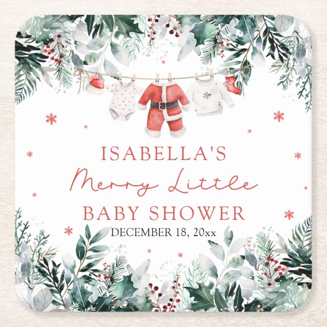 Christmas Baby Clothes Merry Little Baby Shower Square Paper Coaster (Front)