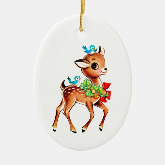 Christmas Baby Deer Fawn With Birds On Head Ceramic Tree Decoration (Front)