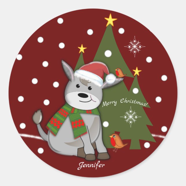 Christmas baby donkey and custom text / name classic round sticker (Front)