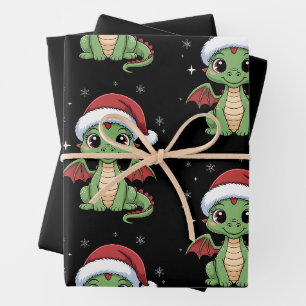 Christmas Baby Dragon Santa Hat Snowflakes Cute Wrapping Paper Sheet