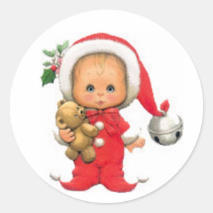 Christmas Baby Elf And Teddy Classic Round Sticker